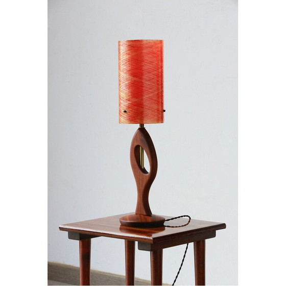 Image 1 of Vintage tafellamp van teakhout en rood glasvezel, 1960