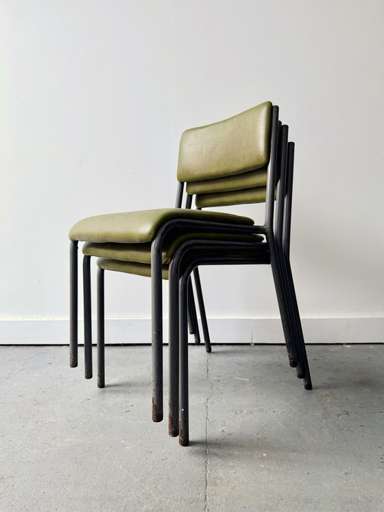 Image 1 of Set van 3 vintage stapelbare stoelen met groen vinyl