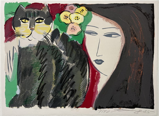 Walasse Ting, Compositie met vrouw en kat, 1985 Litho, gesigneerd