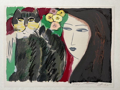 Walasse Ting, Compositie met vrouw en kat, 1985 Litho, gesigneerd