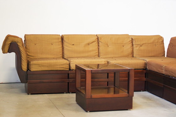 Image 1 of 1970S modulaire beukenhouten bank van Frigerio - originele stoffen bekleding, set van 6