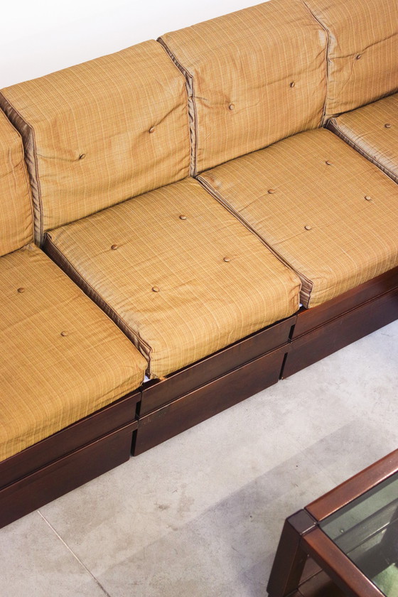 Image 1 of 1970S modulaire beukenhouten bank van Frigerio - originele stoffen bekleding, set van 6