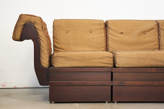 Image 1 of 1970S modulaire beukenhouten bank van Frigerio - originele stoffen bekleding, set van 6