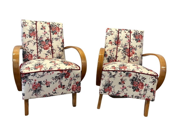 Image 1 of Paar Halabala stoelen gerestaureerd, wit met bloemen