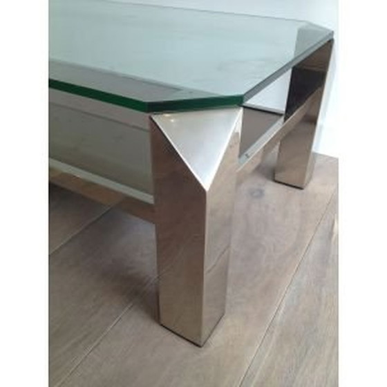 Image 1 of Vintage glazen salontafel met chromen onderstel, 1970
