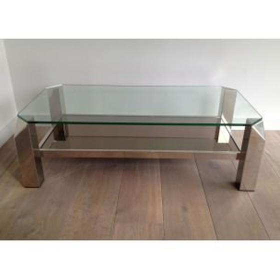 Image 1 of Vintage glazen salontafel met chromen onderstel, 1970