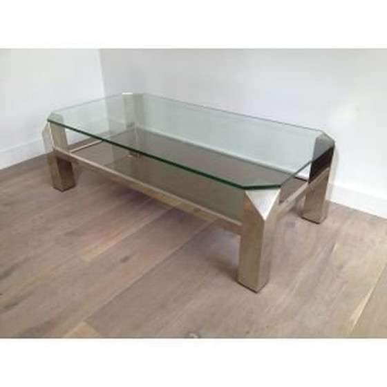 Image 1 of Vintage glazen salontafel met chromen onderstel, 1970
