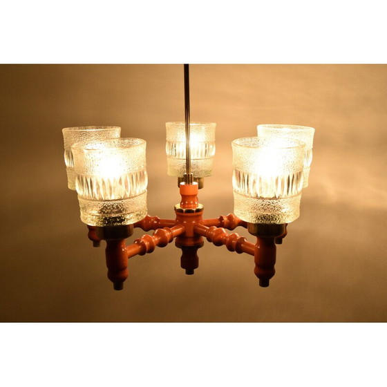 Image 1 of Mid-century kroonluchter van hout en glas van Instala Jilove u Decina, Tsjecho-Slowakije 1960s
