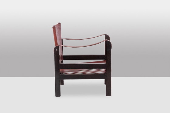 Image 1 of Safari" fauteuil in cognac hout en leer, jaren 1960/70.