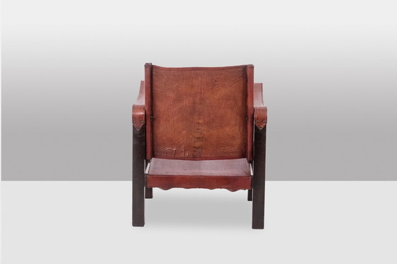 Image 1 of Safari" fauteuil in cognac hout en leer, jaren 1960/70.