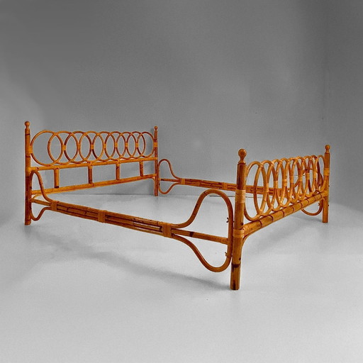 1X Mid Century Modern Bamboe Tweepersoonsbedframe, Italië 1960