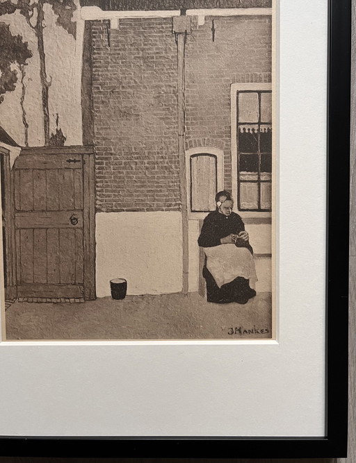 Jan Mankes 1889-1920 / Originele Heliogravure Breiend Vrouwtje 1923 ( Mooi Ingelijst )