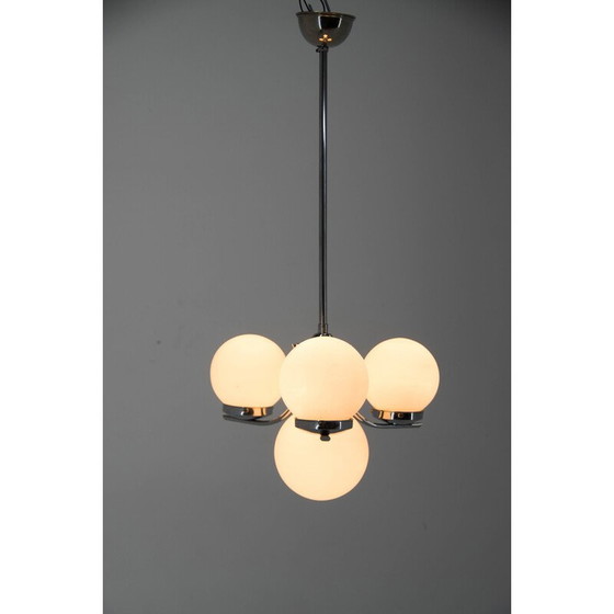 Image 1 of Art Deco vintage kroonluchter met gezandstraalde glazen kapjes, jaren 1930