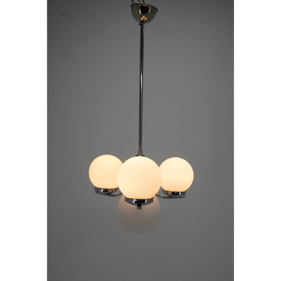 Image 1 of Art Deco vintage kroonluchter met gezandstraalde glazen kapjes, jaren 1930