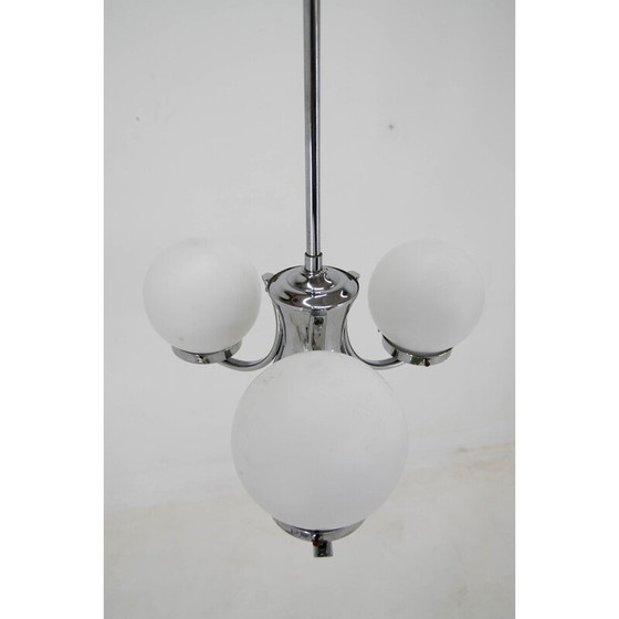 Image 1 of Art Deco vintage kroonluchter met gezandstraalde glazen kapjes, jaren 1930