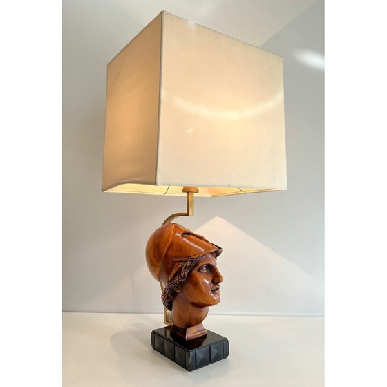 Image 1 of Paar vintage walnoten lampen met gezichten van gehelmde soldaten, Italië 197