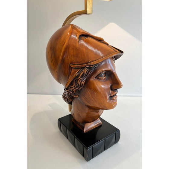 Image 1 of Paar vintage walnoten lampen met gezichten van gehelmde soldaten, Italië 197