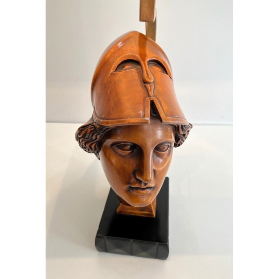 Image 1 of Paar vintage walnoten lampen met gezichten van gehelmde soldaten, Italië 197