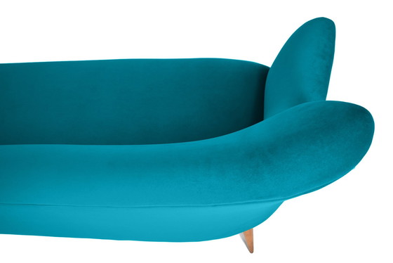 Image 1 of Elegante fluwelen driezitsbank, jaren 60, turkoois, gerestaureerd