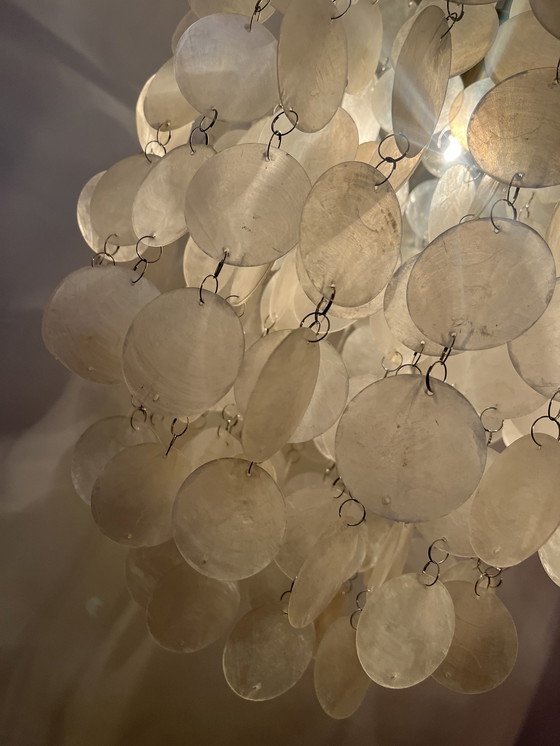 Image 1 of Vintage capiz hanglamp kroonluchter schelpen parelmoer opaline 