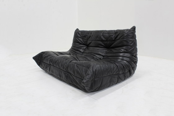 Image 1 of Originele Vintage Ligne Roset zwart leren Togo 2 zits sofa 1990
