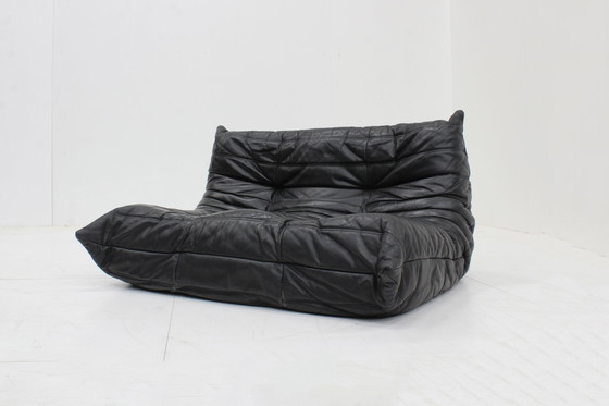 Image 1 of Originele Vintage Ligne Roset zwart leren Togo 2 zits sofa 1990