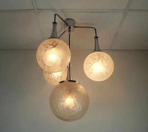 Mid Century Moderne 4-lichts hanglamp Glas en Chroom cascade licht 1970S