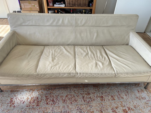 Zanotta Bohemien Zetel/Canapé Met 2 Armleuningen, Leder Beige, Poten Acier Chromé, 192 Cm 