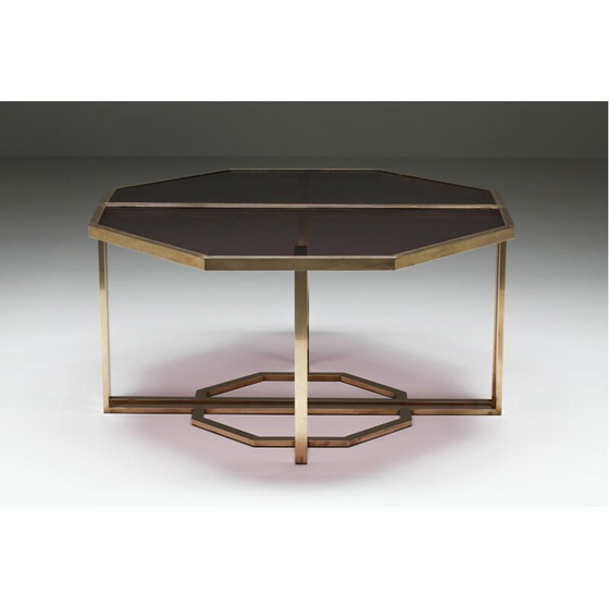 Image 1 of Paar vintage glazen en koperen consoletafels van Maison Jansen, jaren 1970