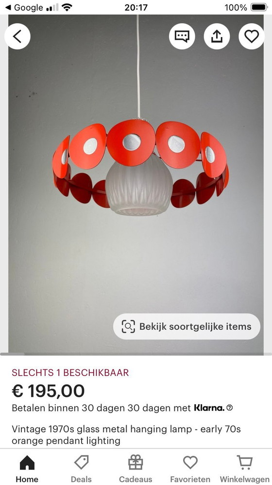 Image 1 of Space Age Hanglamp Met Glazen Kap En Oranje Ring