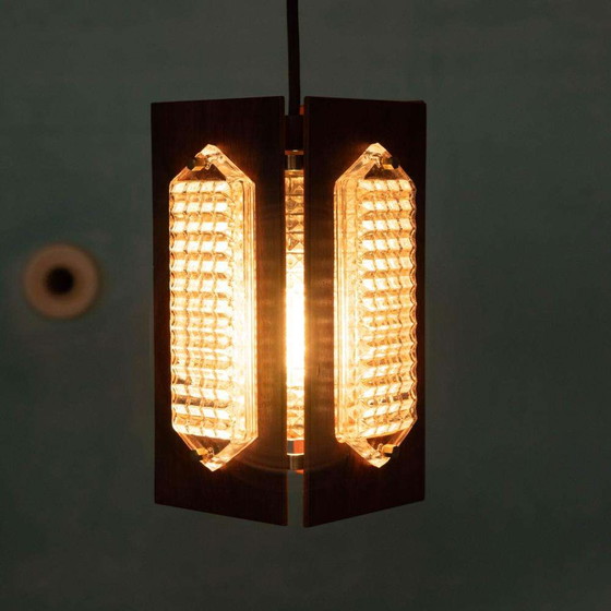 Image 1 of Vintage hout en glas hanglamp Flygsfors Facette, glass lamp