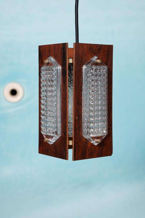 Image 1 of Vintage hout en glas hanglamp Flygsfors Facette, glass lamp