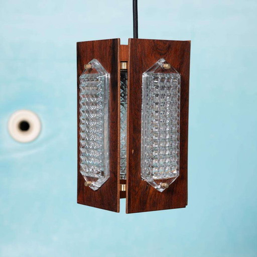 Vintage hout en glas hanglamp Flygsfors Facette, glass lamp