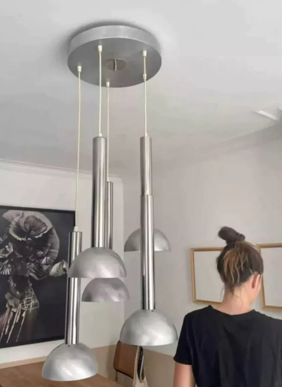 Image 1 of Vintage Chroom en Geborsteld Metalen Hanglamp Frankrijk 1970