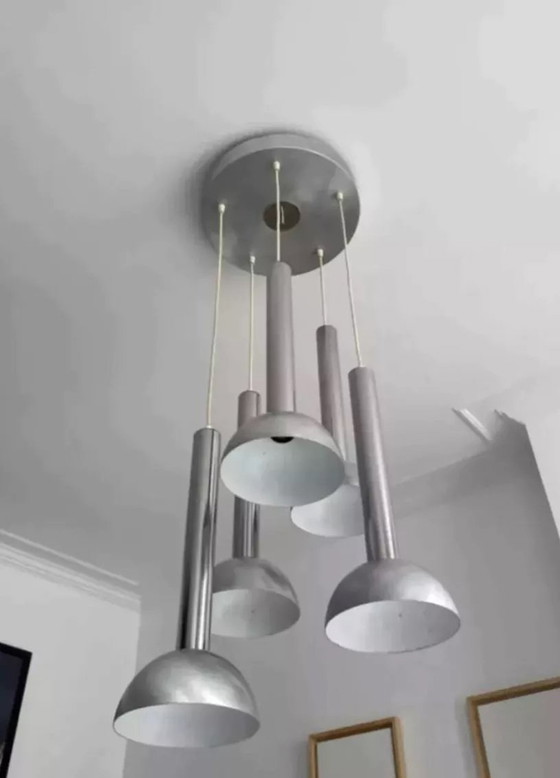 Image 1 of Vintage Chroom en Geborsteld Metalen Hanglamp Frankrijk 1970