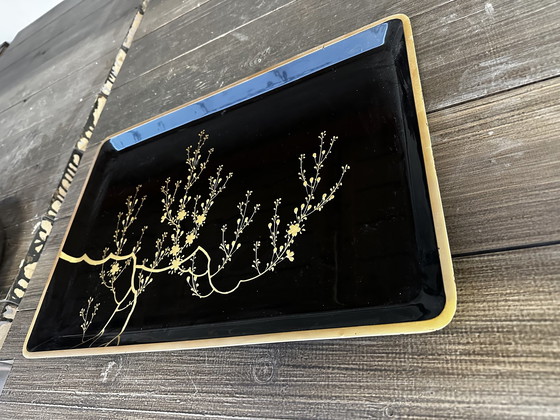 Image 1 of Groot Japans Houten Dienblad Zwart En Goud Gelakt 49 / 34 Cm