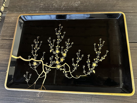 Image 1 of Groot Japans Houten Dienblad Zwart En Goud Gelakt 49 / 34 Cm