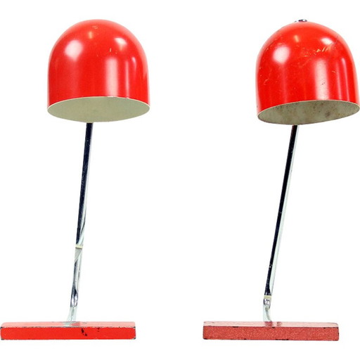 Paar vintage rood metalen en chromen tafellampen van Josef Hurka voor Napako, Tsjecho-Slowakije 1960