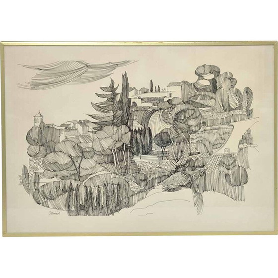 Image 1 of Vintage zwarte inkt tekening "provençaals landschap".