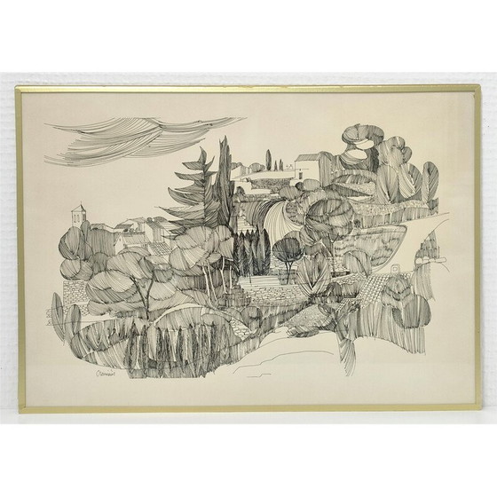 Image 1 of Vintage zwarte inkt tekening "provençaals landschap".