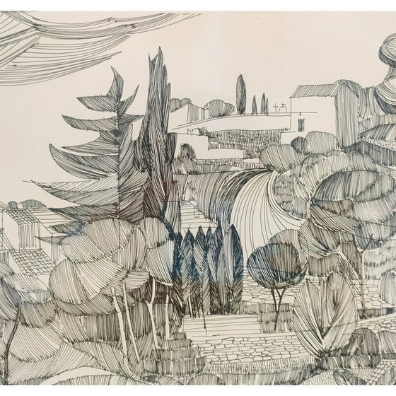 Image 1 of Vintage zwarte inkt tekening "provençaals landschap".