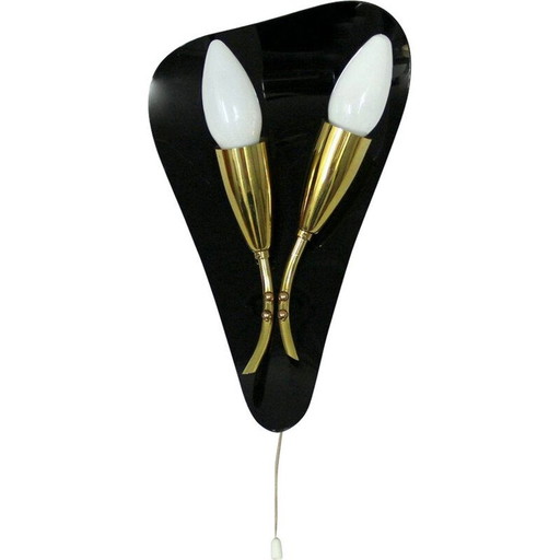 Vintage wandlamp van messing en zwart plexiglas, Frankrijk, 1950