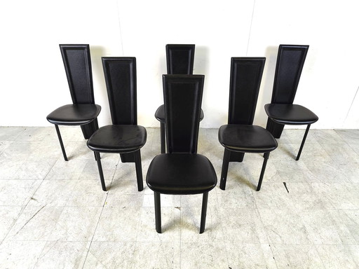 6x Vintage zwart leren eetkamerstoelen