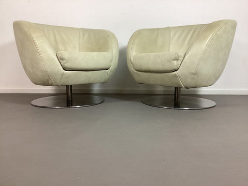 2 Vintage Italiaanse Zwaar Lederen Tulip Design Fauteuils 