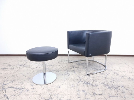 Image 1 of De Sede echt leren kruk voetenbank design fauteuil kruk in zwart