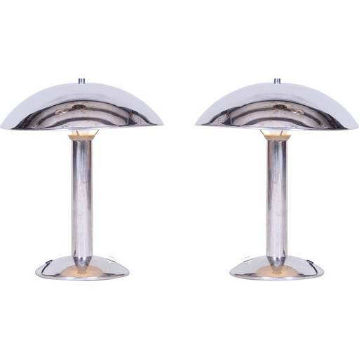 Paar vintage Art Deco tafellampen van verchroomd staal, Tsjechië 1930