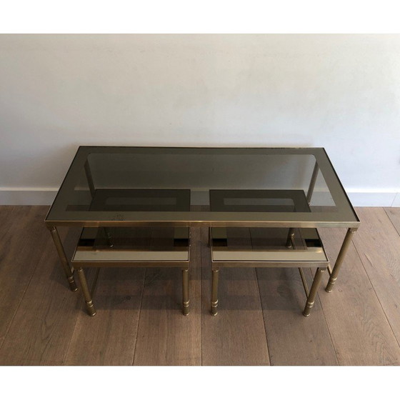 Image 1 of Vintage messing nesttafels met rookglas, 1970