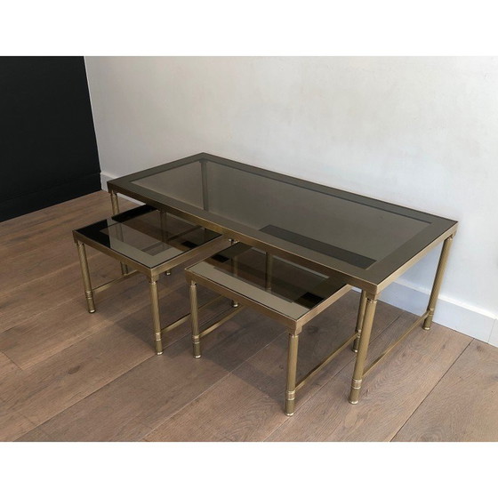 Image 1 of Vintage messing nesttafels met rookglas, 1970