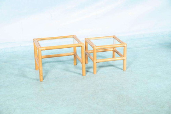 Image 1 of Rotan bohemian bijzettafels jaren 70, vintage nestingtables