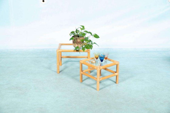 Image 1 of Rotan bohemian bijzettafels jaren 70, vintage nestingtables